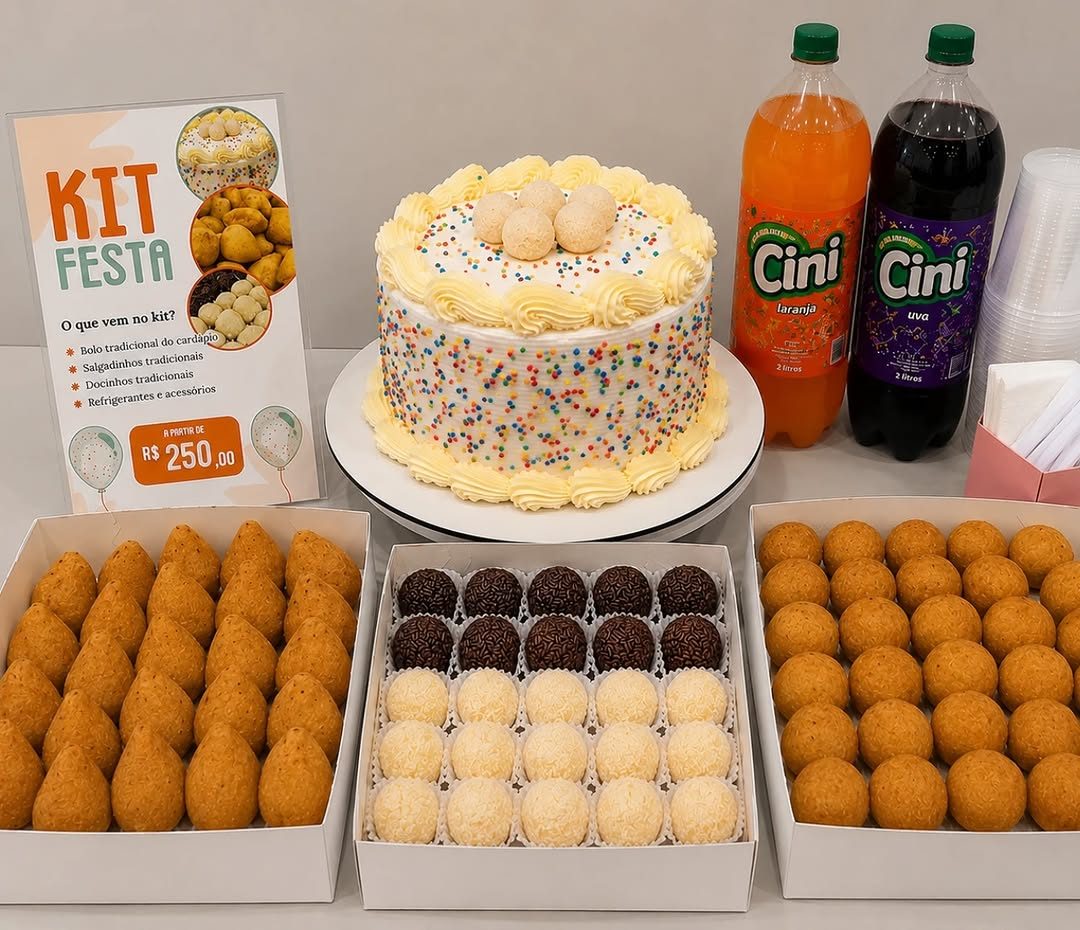 Kit festa da confeitaria com bolo, bandejas de salgadinhos, docinhos e refrigerantes